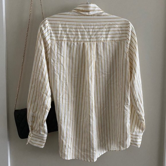 H&M Yellow White Stripe Bow Tie Long Sleeve Blouse - Picture 6 of 6